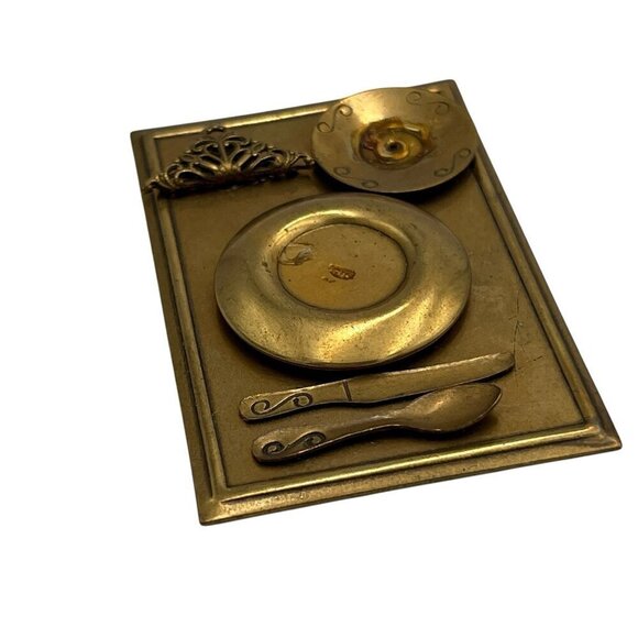 Vintage 70s Jan Michaels Brass Dinner Place Setting Plate Brooch Pin Artsy - Picture 3 of 7